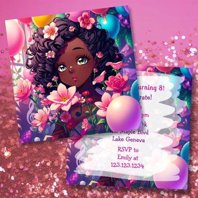 African-American Anime Girl Birthday Invitation (Creator Uploaded)