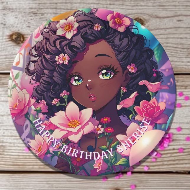African-American Anime Girl Personalised Birthday Paper Plate (Creator Uploaded)