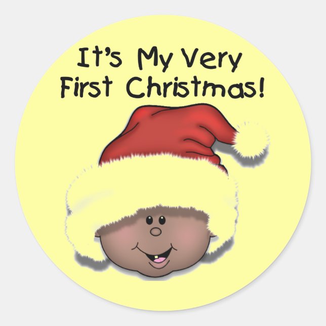 African American Baby 1st Christmas Classic Round Sticker (Front)
