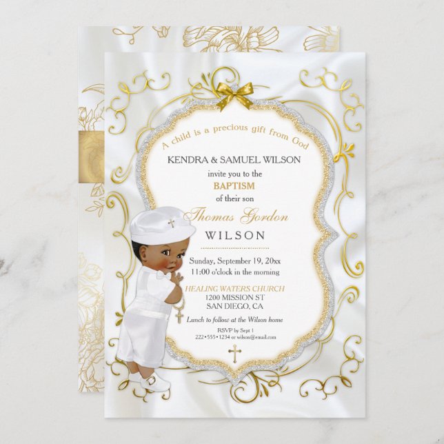 African American Baby Boy Baptism Gold Cross Invitation (Front/Back)