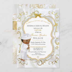 African American Baby Boy Baptism Gold Cross Invitation