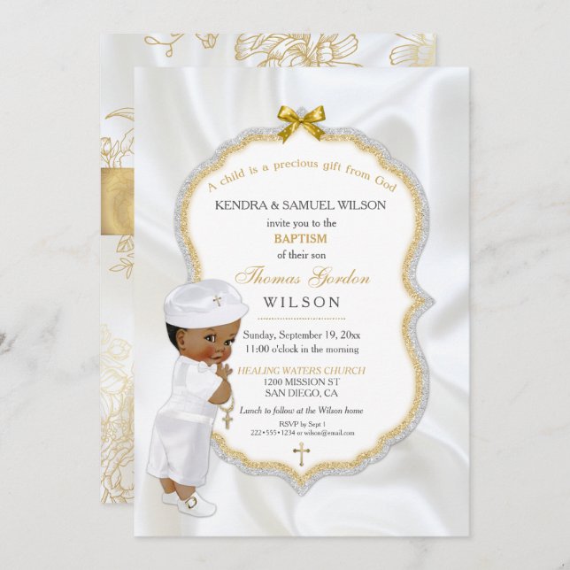 African American Baby Boy Baptism Gold Cross Invitation (Front/Back)