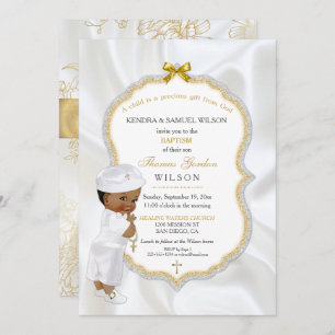 African American Baby Boy Baptism Gold Cross Invitation
