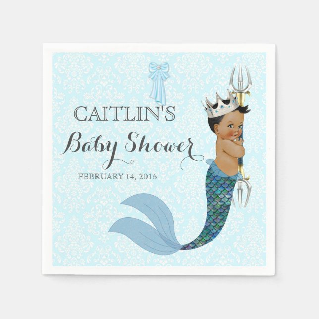 African American Baby Boy Merman Prince Crown Napkin (Front)