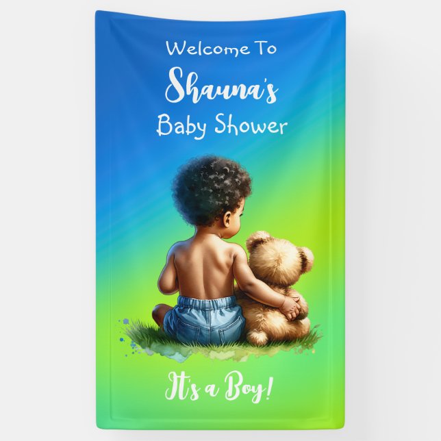 African-American Baby Boy with Teddy Baby Shower Banner (Vertical)