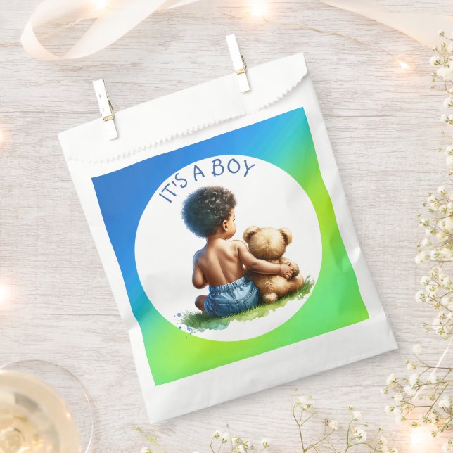 African-American Baby Boy with Teddy Baby Shower Favour Bags (Clipped)