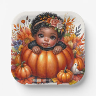 African American Baby Girl Autumn Pumpkin Paper Plate