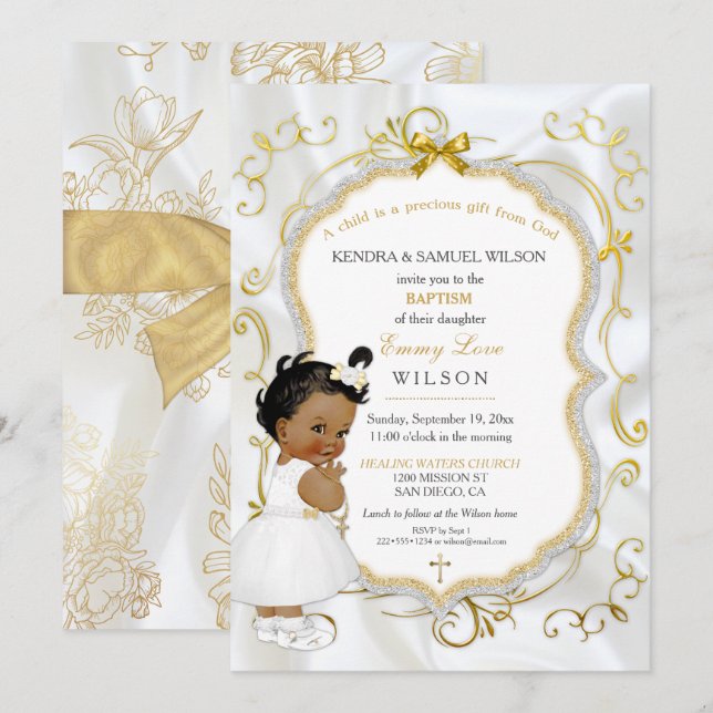 African American Baby Girl Baptism Gold Cross Invitation (Front/Back)