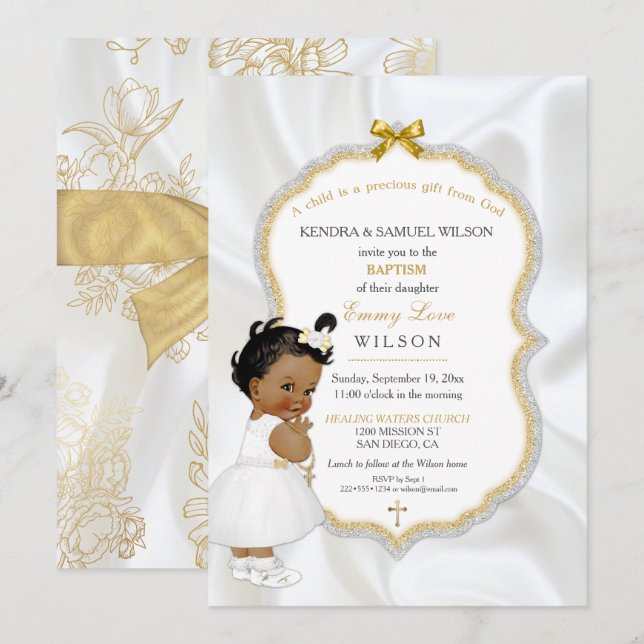 African American Baby Girl Baptism Gold Cross Invitation (Front/Back)