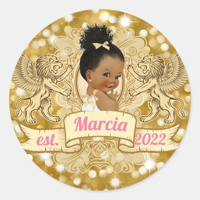 African American Baby Girl | Pink and Gold Glitter Classic Round Sticker (Front)