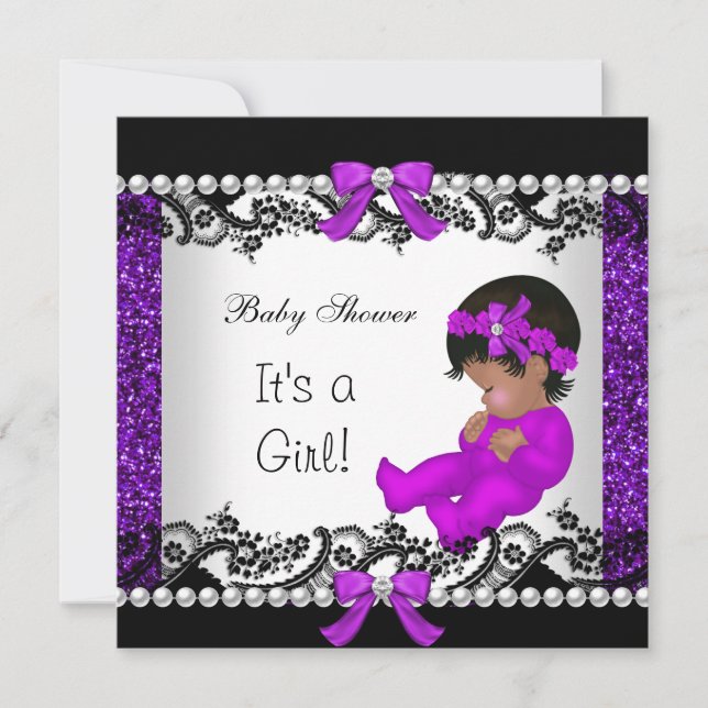 African American Baby Shower Baby Girl Glitter 2 Invitation (Front)