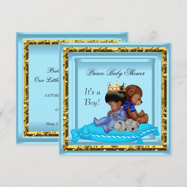 African American Baby Shower Blue Gold Boy Prince Invitation (Front/Back)
