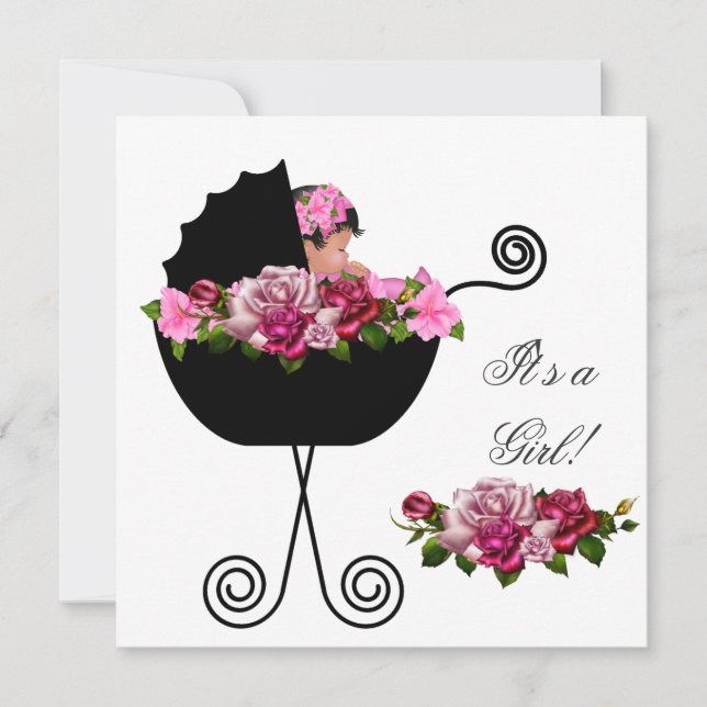 African American Baby Shower Cute Girl Pink Roses Invitation (Front)