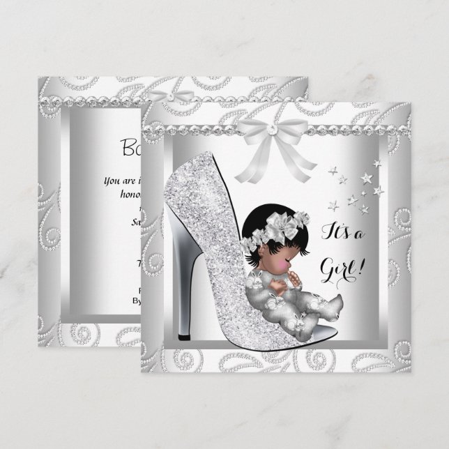 African American Baby Shower Girl Grey White Shoe Invitation (Front/Back)