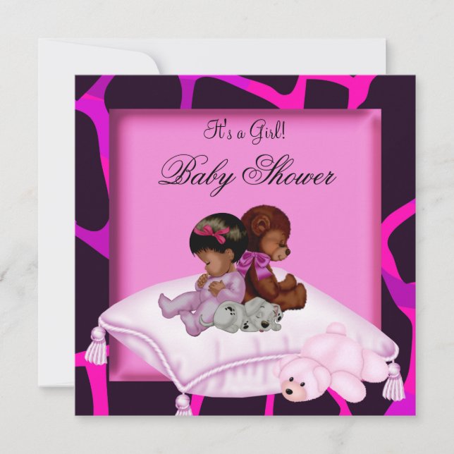 African American Baby Shower Girl Hot Pink Bear Invitation (Front)