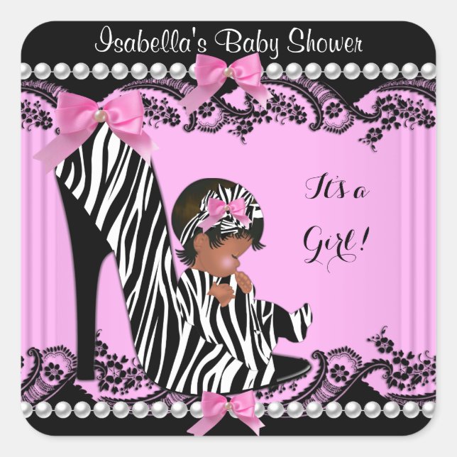 African American Baby Shower Girl Hot Pink Zebra 3 Square Sticker (Front)