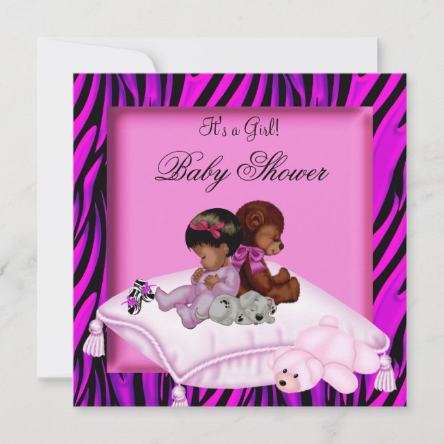 African American Baby Shower Girl Hot Pink Zebra Invitation (Front)