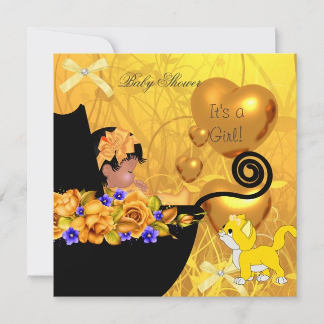 African American Baby Shower Girl Kitten Orange Invitation (Front)