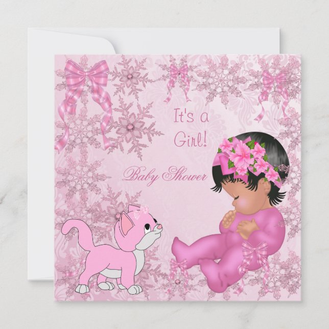 African American Baby Shower Girl Kitten Pink Invitation (Front)