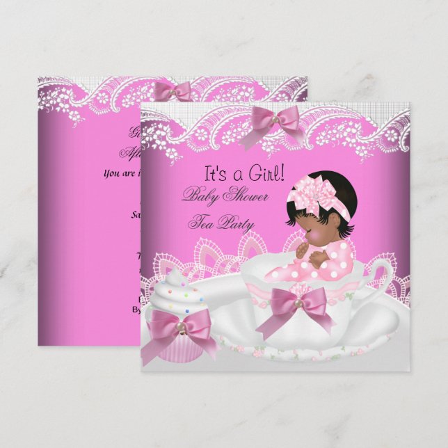 African American Baby Shower Girl Pink Baby Teacup Invitation (Front/Back)