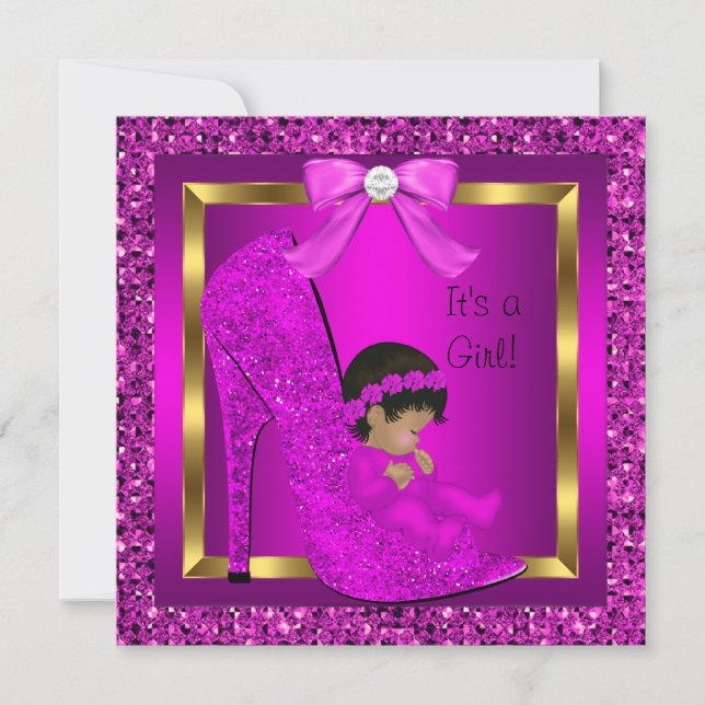 African American Baby Shower Girl Pink Glitter Invitation (Front)