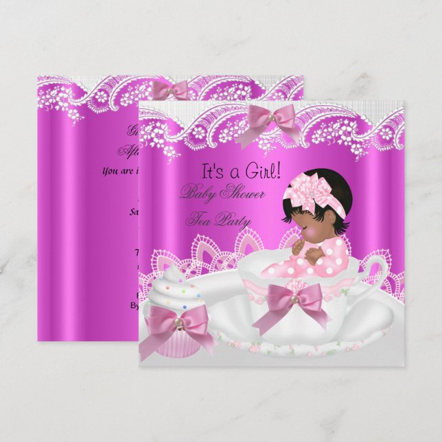 African American Baby Shower Girl Pink in Teacup Invitation (Front/Back)