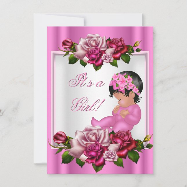 African American Baby Shower Girl Pink Roses Invitation (Front)