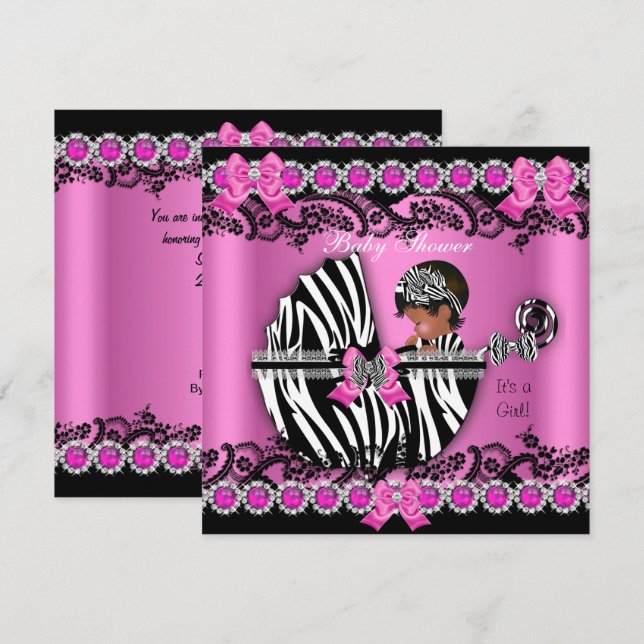 African American Baby Shower Girl Pink Zebra Pram Invitation (Front/Back)