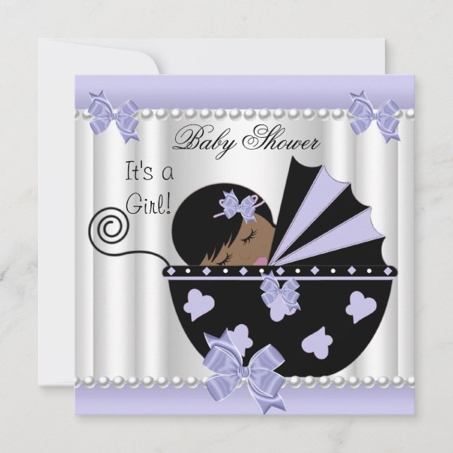African American Baby Shower Girl Purple White Invitation (Front)