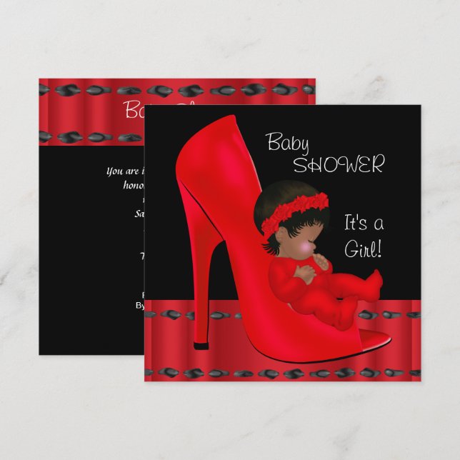 African American Baby Shower Girl Red Shoe 2 Invitation (Front/Back)