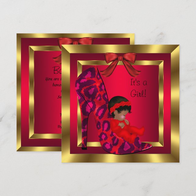 African American Baby Shower Girl Red Shoe Gold Invitation (Front/Back)