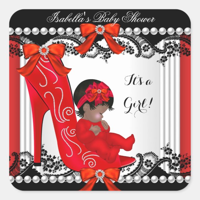 African American Baby Shower Girl Red Shoe Square Sticker (Front)