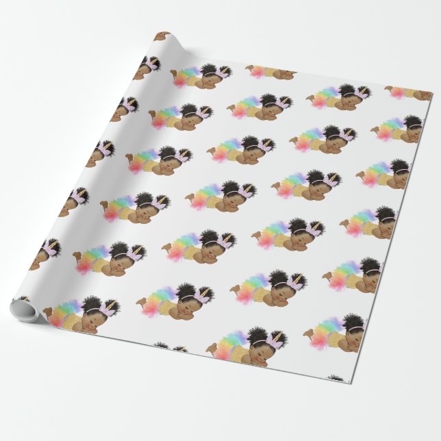 African American Baby Unicorn Wrapping Paper (Unrolled)