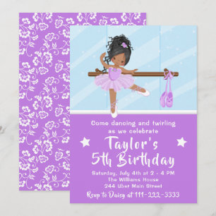 African American Ballerina in Purple Tutu Birthday Invitation