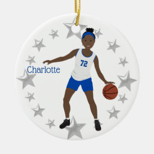 African American Basketball Player White & Blue Ceramic Tree Decoration