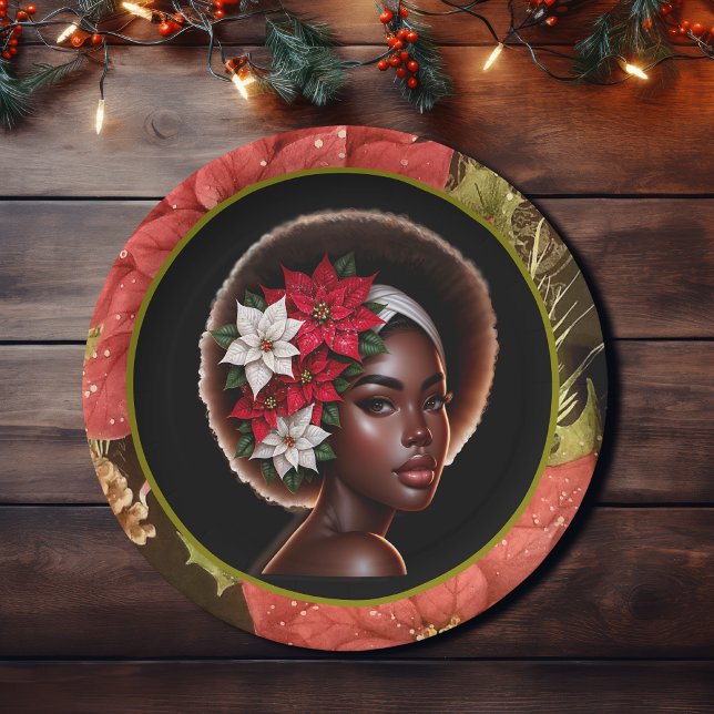 African-American Beauty with Poinsettias Paper Plate (Creator Uploaded)