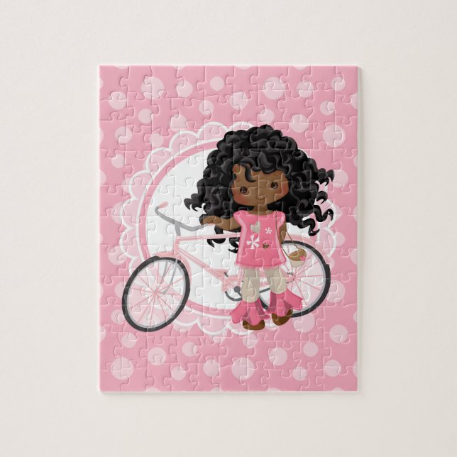 African American Bicycle Girl - Pink White Jigsaw Puzzle (Vertical)