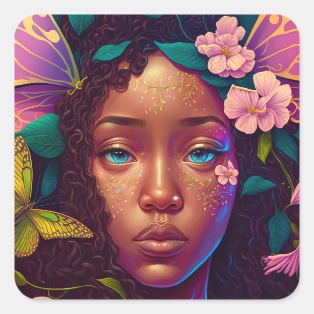 African American Black Fairy Fantasy Art Square Sticker (Front)