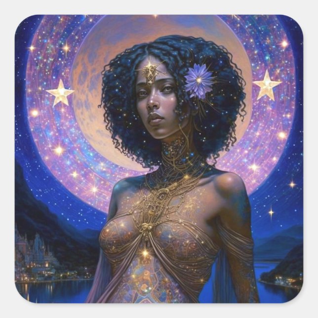 African American Black Goddess Queen Fantasy Art S Square Sticker (Front)