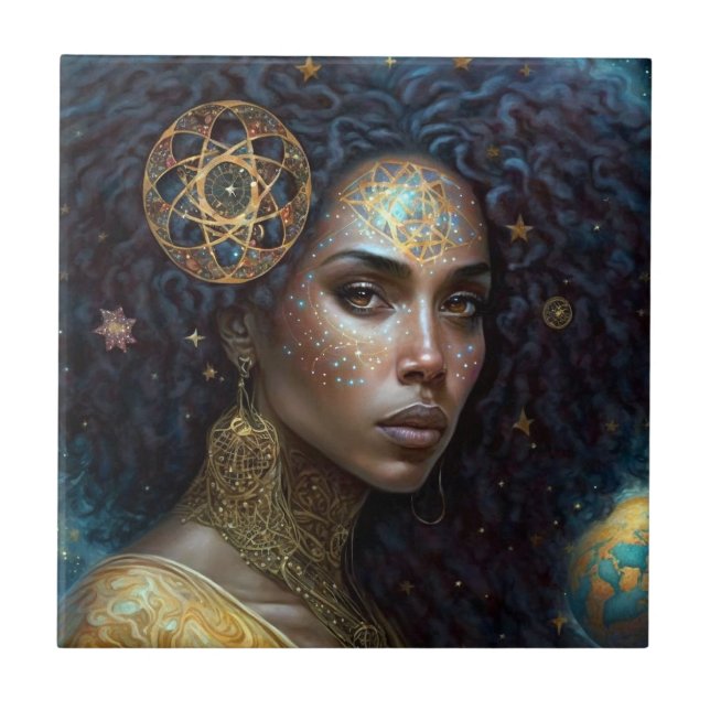African American Black Goddess Queen Fantasy Art Tile (Front)