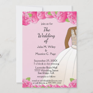 African American Black & Pink Bride & Groom  Invitation