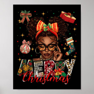 African American Black Woman Merry Christmas Pajam Poster