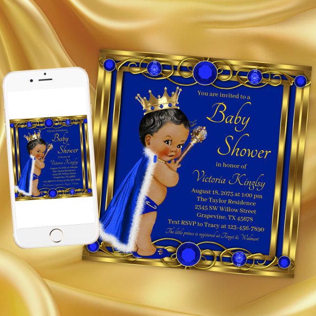 African American Blue Gold Prince Baby Shower Invitation (Blue gold prince baby shower invitation. Instant download and printed invitations available.)