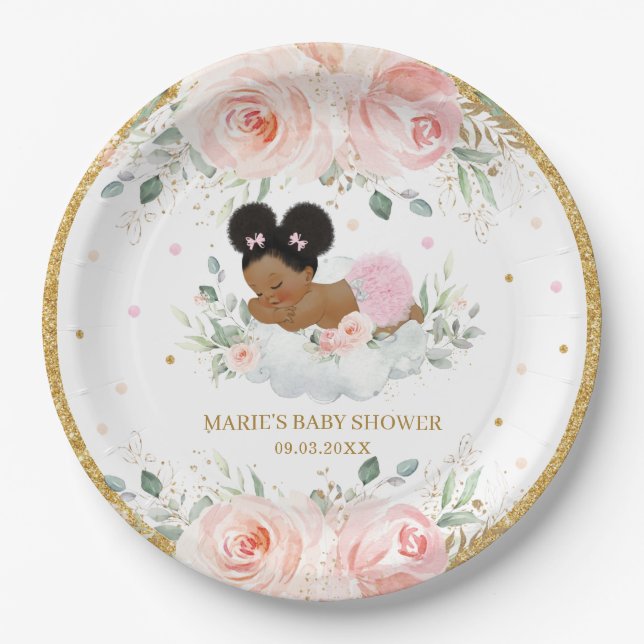 African American Blush Floral Girl Baby Shower  Paper Plate (Front)
