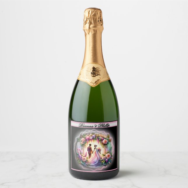 African-American Botanical Wedding  Sparkling Wine Label (Front)