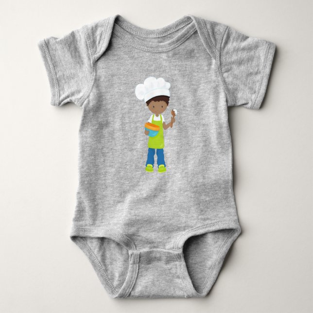 African American Boy, Baking, Baker, Bakery, Apron Baby Bodysuit (Front)