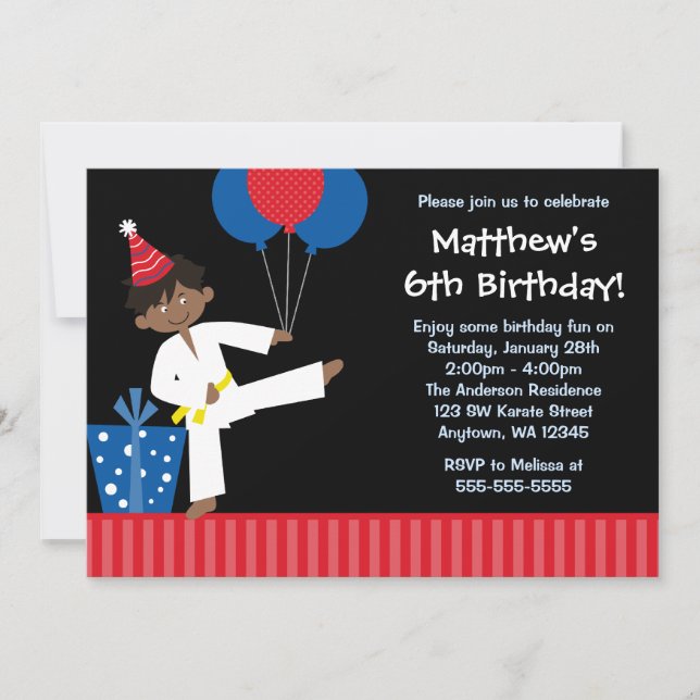 African American Boy Balloons Taekwondo Birthday Invitation (Front)
