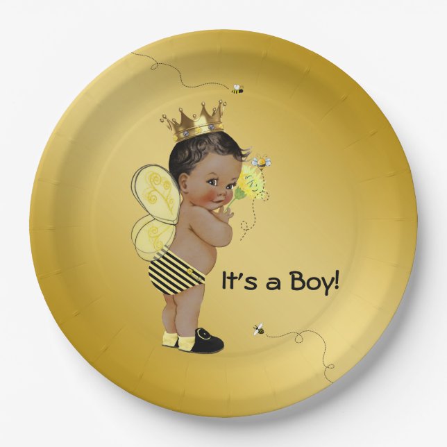 African American Boy Bee Baby Shower Paper Plate (Front)