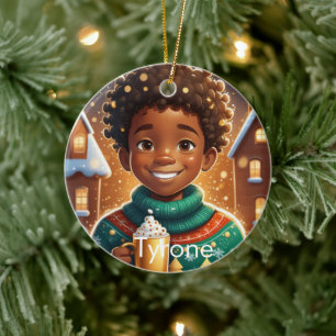 African AMerican Boy Christmas Joyful Ceramic Tree Decoration