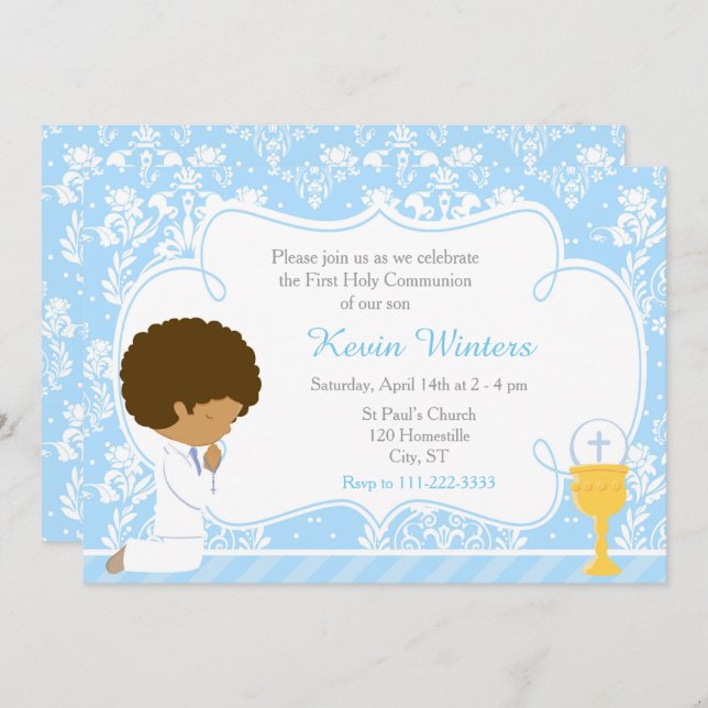 African American Boy First Communion Damask Invitation (Front/Back)